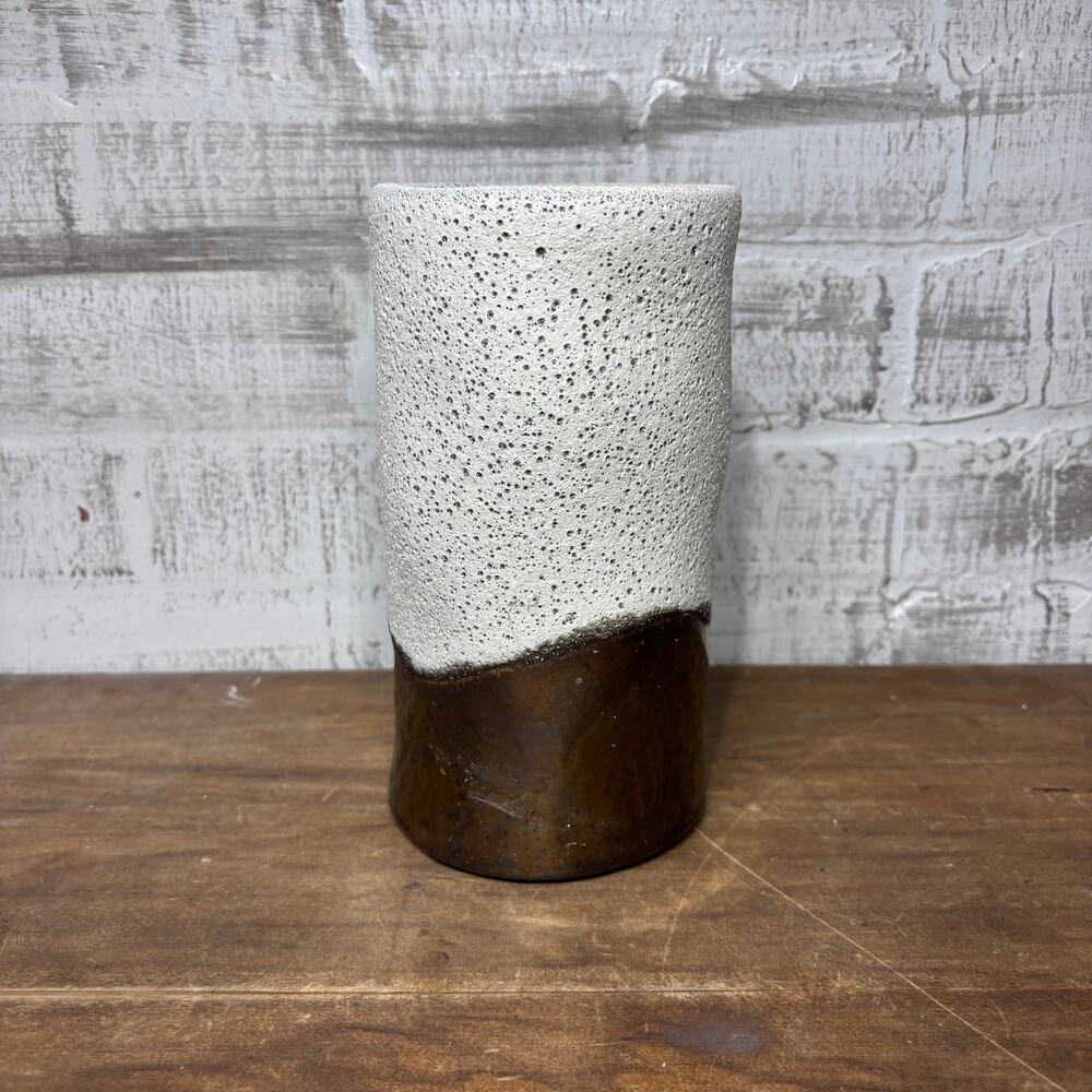 Tall Textured Ceramic Candle Holder in White and Bronze